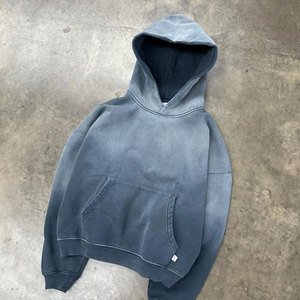 Custom Drop Shoulder Thick Combed 500 Gsm Heavyweight Boxy Fit Cropped <b>Navy</b> Blue Faded Vintage Distressed <b>Hoodie</b> - Product Image 2