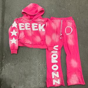 Conjunto Deportivo de Pantalones y Sudadera con Capucha para Hombre, Estilo Urbano, Lavado Ácido, Desgastado, con Parches y Logotipo Personalizado - Product Image 4