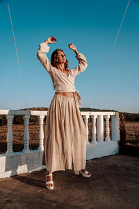 Jupe en coton Boho avec fentes élastiques à la taille Poches de-Blanc Respirant et teint uni - Product Image 4