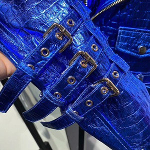 Brillante para chaqueta de lona de cuero en azul metálico Estilo casual Cintura con cinturón Impermeable a prueba de viento para ropa de moda unisex - Product Image 3