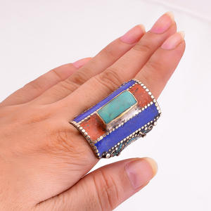 แหวนพลอยปะการังเทอร์ควอยส์เครื่องประดับทำด้วยมือแหวนเงินธิเบตขายส่งจำนวนมาก - Product Image 3