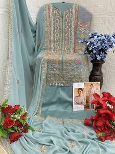 Ropa de boda de fiesta de diseñador de calidad superior exclusiva última Heavy Fox Georgette con bordado de secuencia trabajo Salwar Suit - Product Image 4