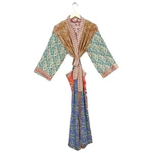 Kimono indien vintage en soie à imprimé floral fait à la main, taille élastique élégante, robe de chambre, vêtements de nuit, robe de plage pour le printemps - Product Image 1