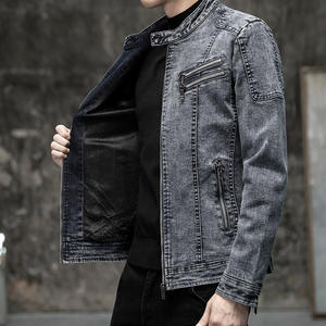 Veste en jean en coton pour homme avec fermeture éclair, design de veste de moto sportive brodée, col rabattu, veste finie - Product Image 6