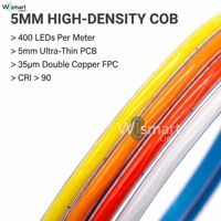 Bande LED COB ultra-étroite 5 mm DC5V 12V 24V 400 LED/m sans points CRI90 dimmable flexible pour éclairage de meubles et signalétique