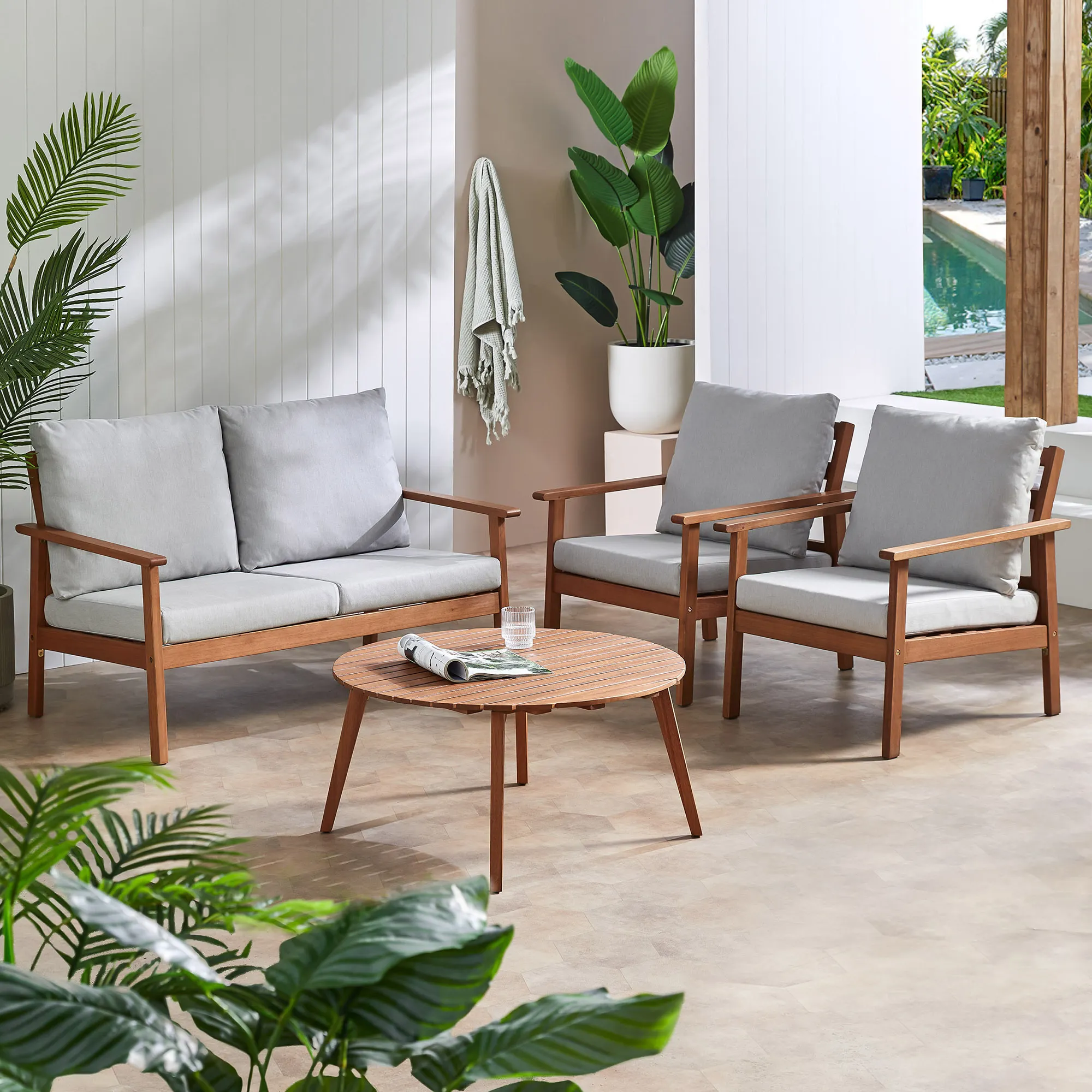 Set Sofa minimalis luar ruangan kayu jati kualitas terbaik dan desainnya-zaitun