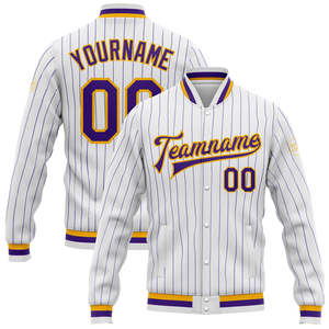 Chaqueta Varsity Personalizada con Franjas, Nombre del Equipo y Número, Detalles en Amarillo y Morado, Estilo Béisbol - Product Image 2