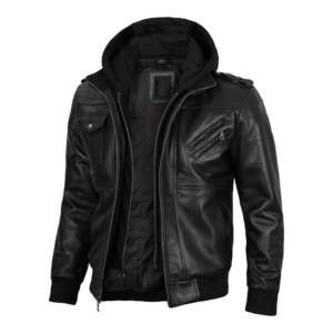 Veste noire à capuche amovible en cuir pour hommes avec design personnalisé et logo zip fermer poitrine une poche et zip - Product Image 1