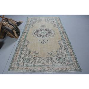 Alfombra turca Vintage Beige Verde 4,7 X 8.4ft Clásico Área grande Lana Respetuoso del medio ambiente Pila media Respaldo de látex Patrón de retazos - Product Image 1