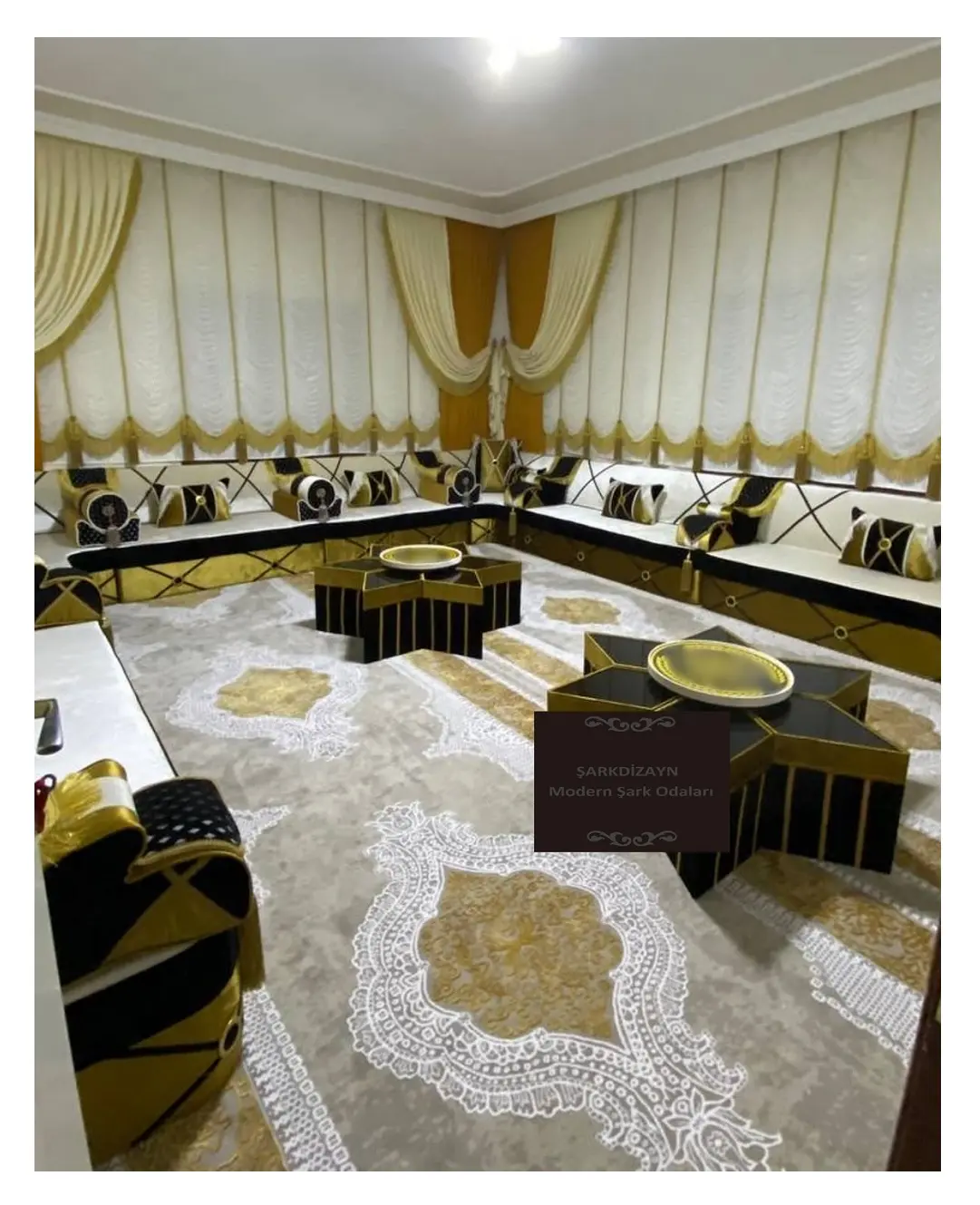 Arabic Majlis Moroccan Majlis Design | Sitting Height 40cm | Sofa + Wool Carpet + Curtain + Table Set FULL