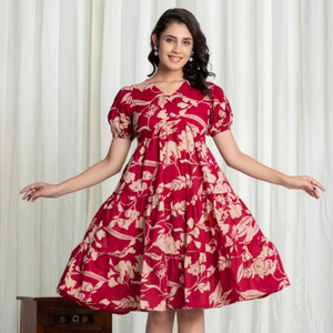 Robe midi évasée en coton pur pour femmes, confortable et élégante Robe de maternité pour femmes Robe midi ajustée et évasée en coton pur imprimé floral - Product Image 1