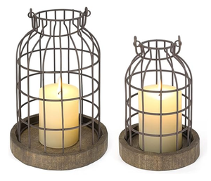 <b>Set</b> of Two Hanging Lanterns Removable Wooden Base <b>Candle</b> Light Wired Lantern Vintage Style Home Decor Cage <b>Candle</b> Tealight Lamp - Product Image 3