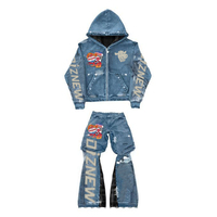Ensemble DiZNEW pour hommes, logo personnalisé, vêtements de rue pour hommes, pantalon en jean et veste en jean à capuche pour hommes