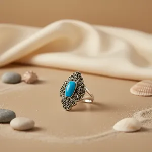 Anillo de cóctel vintage de plata 925 con piedra turquesa y engaste de marcasita para mujer, joyería de uso diario. - Product Image 1