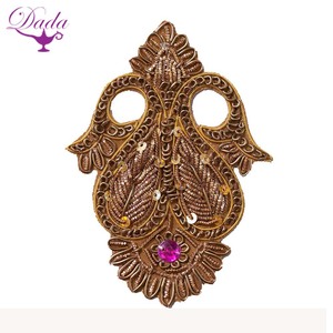 Luxury Hand-Beaded Double Paisley Appliques in Pink Gem and Gold Bullion Felt Fabric Customizable <b>Garment</b> Sew-On Badge Style - Product Image 2