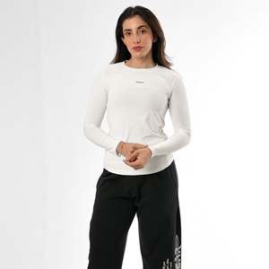 BREMAN Women White Long Sleeve Sweat-Wicking Yoga Top Crew Neck Stripes Compression Pullover Shirt Polyester Spandex Skinny Fit - Product Image 4
