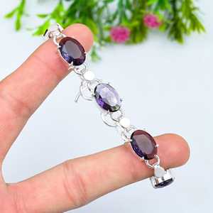 Majestueux violet améthyste Bracelet en argent Sterling 925 fait à la main réglable ovale à facettes pierres précieuses bijoux cadeaux fêtes chrétien - Product Image 2