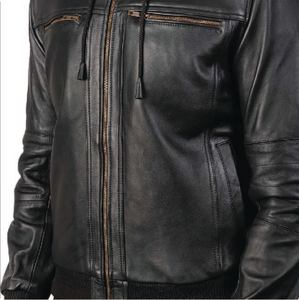 Premium <b>Black</b> Hooded Leather Bomber Jacket for <b>Men</b> and Women Cowhide Leather Winter Jacket with Zipper and Multiple Pockets - Product Image 4