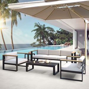 Ensemble de canapés de patio modernes en métal Drake, chaises longues à structure en fer, coussins moelleux, table basse, tables d'appoint - Écologique et durable pour l'extérieur - Product Image 2