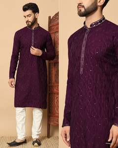 Kurta de seda tradicional para hombre Premium con bordado y lentejuelas para fiesta con turbantes - Product Image 3