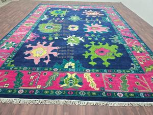 Tapis Suzani ouzbek fait à la main 8x10-tapis en laine bleu marine et rose, tapis bohème coloré ensembles de tapis en laine persane - Product Image 6