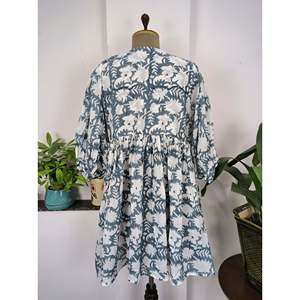 Boho Cotton Dress Hand Block Printed Short Length Hand Stitched Perfect Anniversary Christmas Gift for Mom <b>Sister</b> Her Grey White - Product Image 5