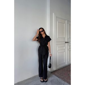 Conjunto de Blusa y Pantalones de Poliviscosa Negra a Rayas para Mujer - Product Image 4