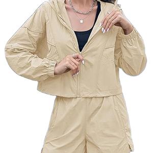 Ensemble court d'été personnalisé pour femme en nylon, coupe-vent uni à manches longues, survêtement en polyester 2 pièces, collection 2026 - Product Image 3