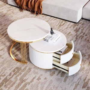 Juego de Mesa de Centro Moderna de 27.6 Pulgadas en Blanco y Dorado con 2 Cajones, Mesa Auxiliar Redonda de MDF y Metal para Sala de Estar - Product Image 1