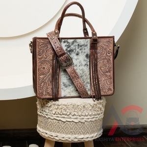 New Western Style Cowhide Fur Leather <b>Tooled</b> Fringe Tote Bag Handcrafted Fashionable High Quality <b>Tooled</b> Women <b>Shopping</b> Handbags - Product Image 1