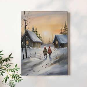 Cabane et marcheurs coucher de soleil d'hiver Décoration moderne en toile de qualité supérieure avec cadre en bois - Product Image 3