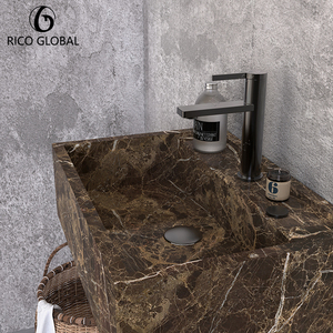 Évier rectangulaire mural en marbre élégant, lavabo de salle de bain ovale avec robinet haut moderne et veines de pierre naturelle - Product Image 5