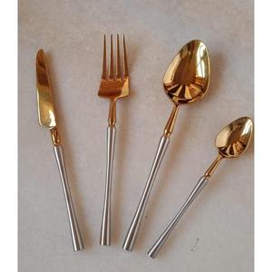 Cubiertos de acero inoxidable con acabado chapado en oro con mango de Color plateado, cubiertos aptos para lavavajillas para uso en bodas y hoteles, Juego de 4 - Product Image 1