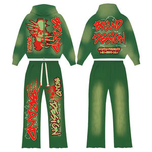 Factory Acid Wash Cotton Thick ZipUp Tracksuit Custom Streetwear Full Set with Flared <b>Hoodies</b> & Sweatpants DTG Printed for Men - Product Image 3