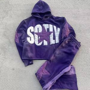 Custom Streetwear Sweatsuit Acid Wash Zip Applique Distressed Embroidery <b>Patch</b> Cropped Hoodie and Sweatpants Set Women Tracksuit - Product Image 1