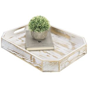 Bandeja de madera de mango única en color beige claro con forma octogonal distintiva y acabado degradado perfecto para servir a los invitados - Product Image 1