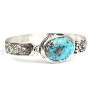 Unisex 925 Sterling <b>Silver</b> Fine <b>Charm</b> <b>Bracelet</b> with Flower-Shaped Oval Turquoise Stone in Bezel Setting Everyday Wear 36.82g - Product Image 1