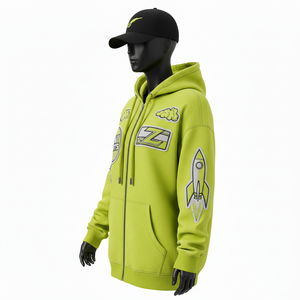 เสื้อฮู้ดดี้ผู้หญิงแบบซิปเต็มตัว คุณภาพพรีเมียม ผ้าฟลีซเนื้อนุ่ม ผสมผ้าฝ้ายและโพลีเอสเตอร์ สีเขียวมะนาว ปักโลโก้และแพทช์ เสื้อฮู้ดดี้แบบพื้นฐาน - Product Image 3