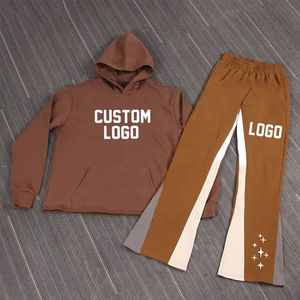 Custom Flare Puff Print Stack Jogger Sets Chándal Raw Hem Set Web Flared Pantalones de chándal y Sudadera con capucha Set Hombres - Product Image 1