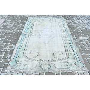 Tapis turc 5,2 x 7,5 pieds, tapis vintage, tapis en laine blanc et bleu à pois - Product Image 1