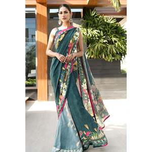 Deep Teal Digital Print Silk Reversible <b>Shawl</b> for Adult <b>Women</b> - Product Image 1