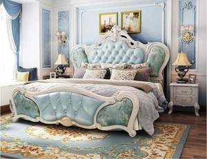 Lit royal élégant sur mesure de style européen du milieu du siècle, moderne, avec 2 tables de chevet, revêtement en cuir, bois de teck massif, meubles de maison - Product Image 5