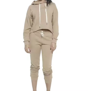 Cozy Beige Loungewear Set, sudaderas con capucha en blanco, elegantes sudaderas con capucha recortadas Joggers perfectos para relajarse, salidas casuales para la vida diaria - Product Image 1