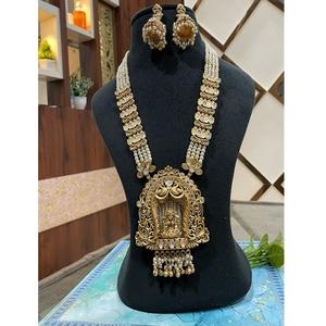 Conjunto de collar chapado en oro Polki de Calidad exclusiva con pendientes para mujeres y niñas para bodas y colecciones de ropa tradicional - Product Image 1