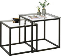 Ensemble de 2 tables basses modernes en verre noir Tables d'appoint gigognes carrées avec cadre en métal pour salon et chambre à coucher