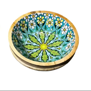 ชามไม้โมเสกลายดอกเดซี่ชามสลัดไม้มะม่วงตกแต่งด้วยมือพร้อมเครื่องใช้ในการรับประทานอาหารไม้ - Product Image 1