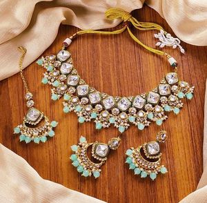 Style ethnique plaqué or Kundan-clouté collier boucles d'oreilles ensemble mode mariages fêtes mariée porter fiançailles cadeaux femmes filles - Product Image 4