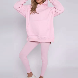 Hot Selling Women Winter Solid Eco-Friendly 100% Cotton Oversized Pullover Hoodie & Leggings Set Tracksuit - Product Image 3