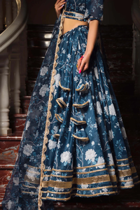 Navy Blue Floral Lehenga Set with Printed <b>Skirt</b> Deep Neck Blouse and Dupatta Elegant Designer Indian Festive Wear Outfit Fashion - Product Image 2