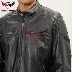Veste en cuir véritable noir pour homme, col à boutons-pression, double fermeture éclair sur la poitrine, en peau de mouton, style Cafe Racer, personnalisée, classique, vintage, vêtement d'extérieur d'hiver - Product Image 2